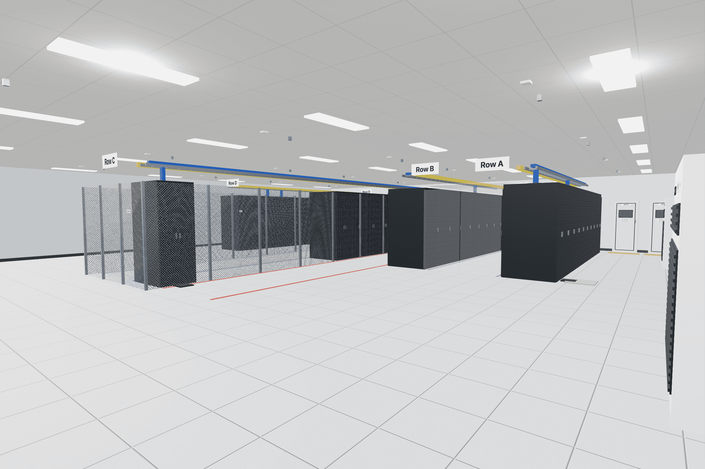 The data room DR-1 of Hall H1 seen from its door: three rows of dark cabinets under the row signs A, B and C, cable trays overhead, a raised floor and the doors at the far end of the room.