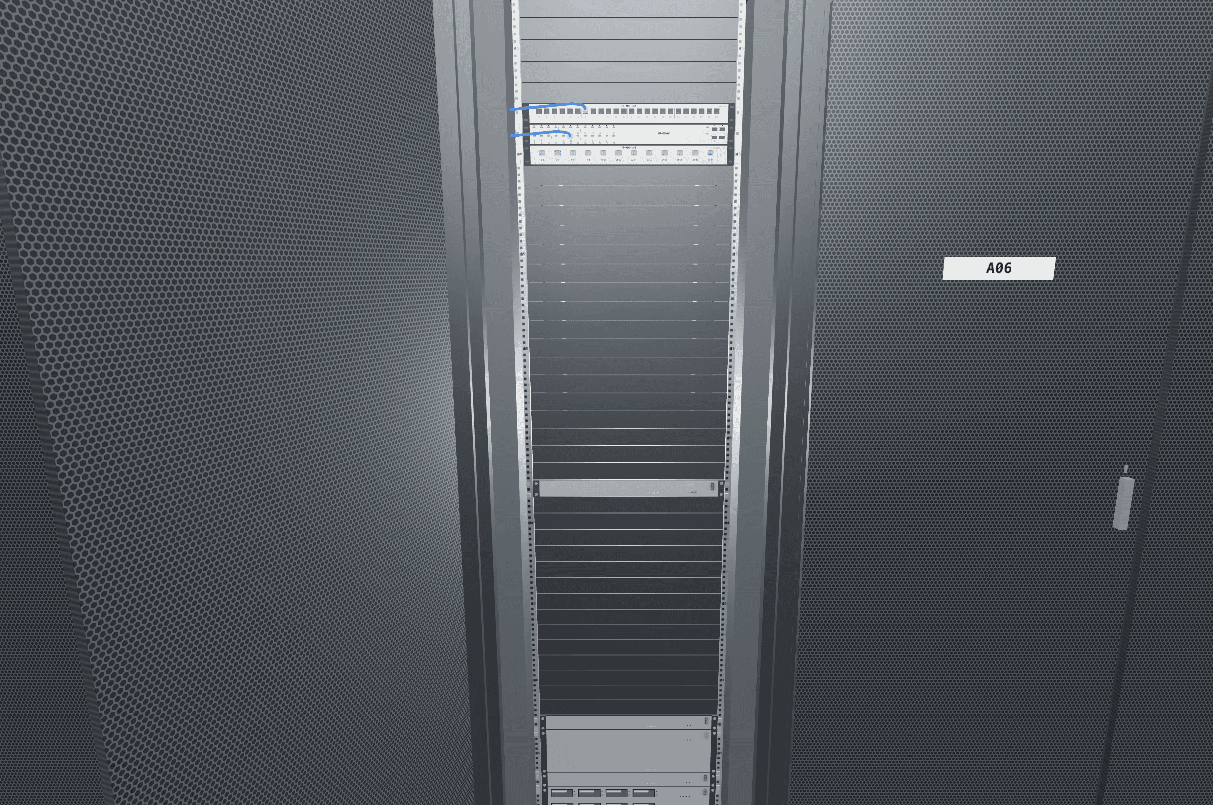 Rack A05 with its front door swung open, seen from the aisle at standing height: the open leaf at the left, the rails and cage nuts, patch panels and a switch near the top, a server at U22, the customer's servers at the bottom, and the closed neighbour A06 with its sign.